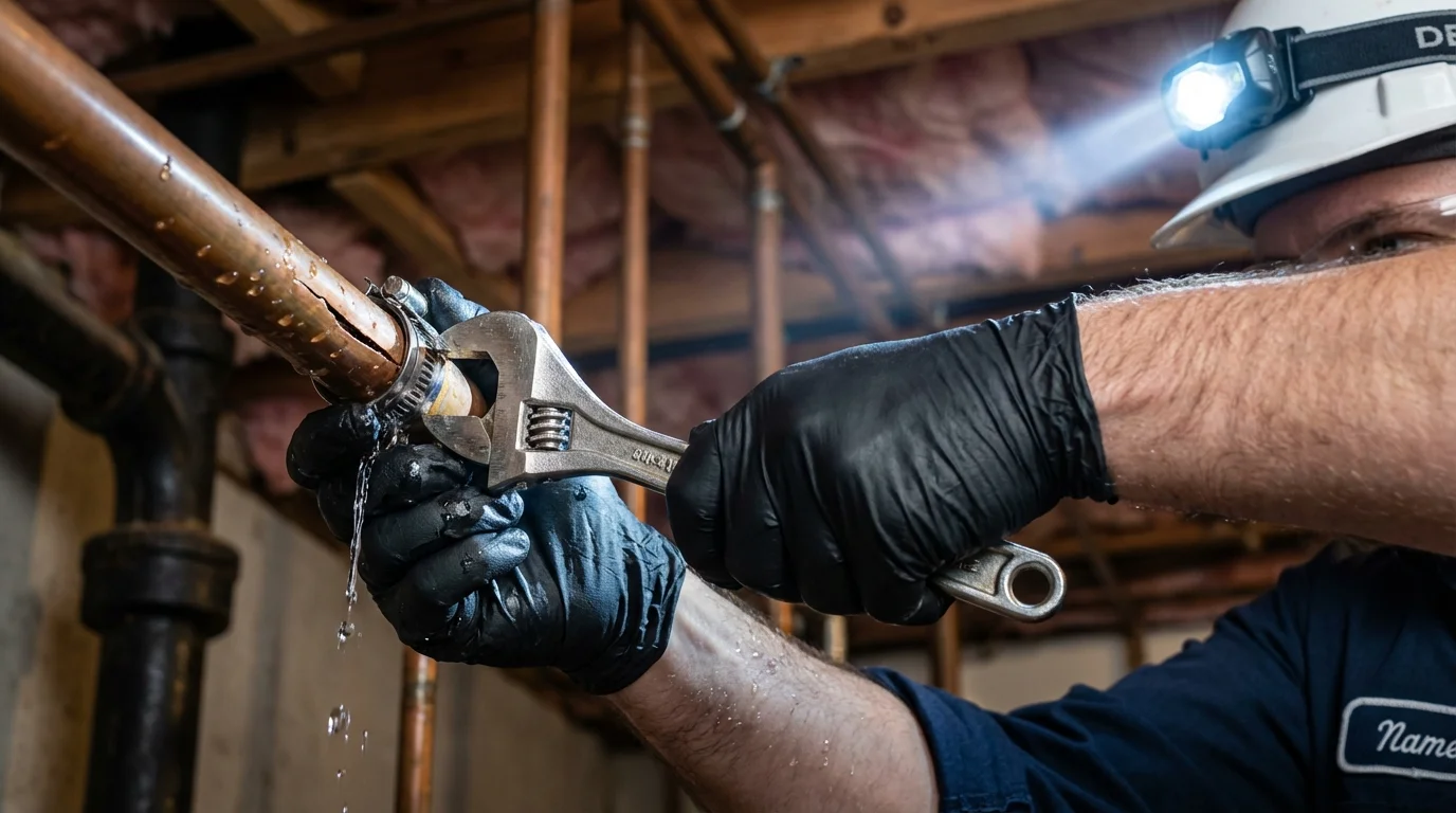Emergency pipe clamp repair being performed by a Johns Plumbing LLC plumber in Burlington