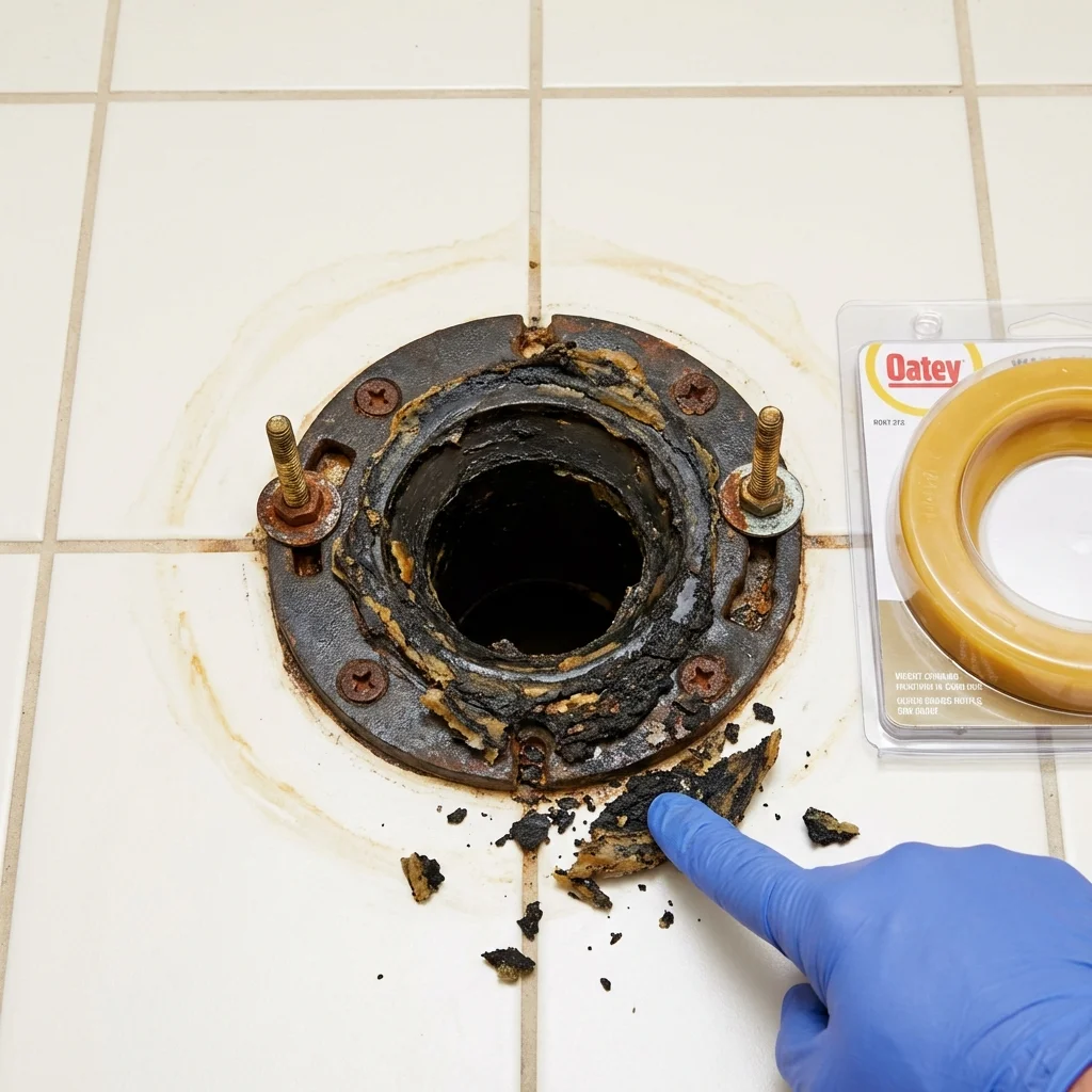 Failed wax ring showing water seepage at the base of a toilet in a Burlington, CO home